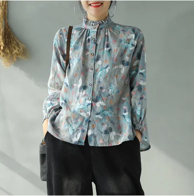 Весна Осень 2020 блузка в стиле ретро тонкая женская рубашка Новые Топы с оборками