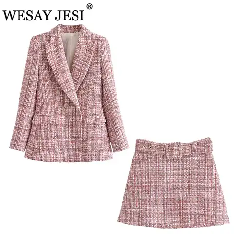 Женский деловой костюм WESAY JESI Za, комплект из двух предметов, пиджак с юбкой, твидовый костюм для женщин, двубортный пиджак