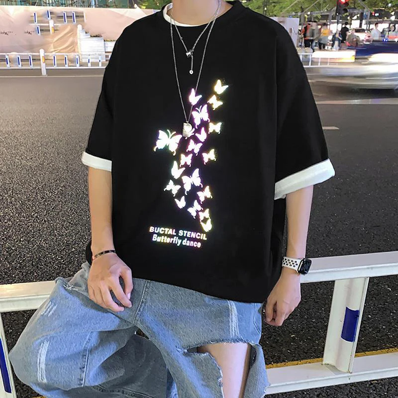 Футболка Мужская/Женская хлопковая светоотражающая свободная черная в стиле