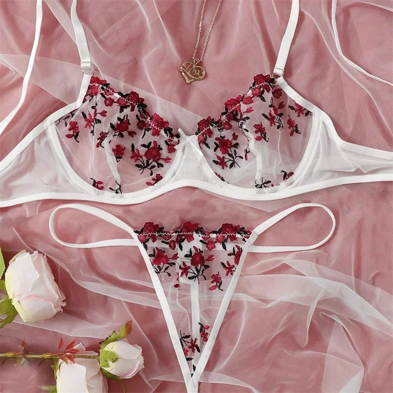 

Sexy Transparent Bra Women Lace Floral Embroidery Erotic Things Underwear Temptation Ultra-thin Underwire Lingerie Thongs Set
