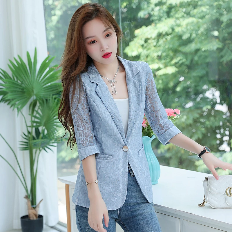 

Шикарный свободный женский прозрачный Блейзер, летний женский пиджак на одной пуговице, верхняя одежда с рукавом 3/4, blaser femme