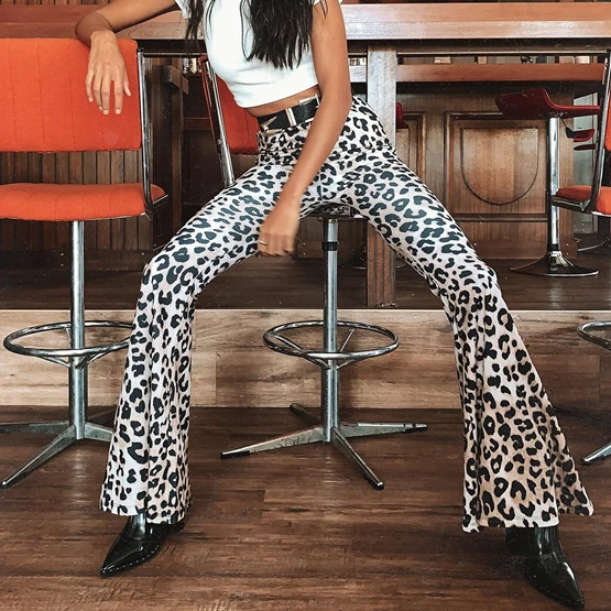 

Leopard Printed Skinny Flare Pants Womens High Waist Slim Fit Stretch Trousers Fashion Streetwear Female Sexy Wide-Leg Club Pant