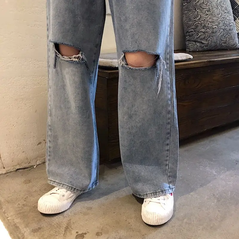 Vintage Ripped Straight Jeans for Women  Hole Jean Female Denim Pencil Pants Streetwear Boyfriend Loose Wide-leg Jeans Pants