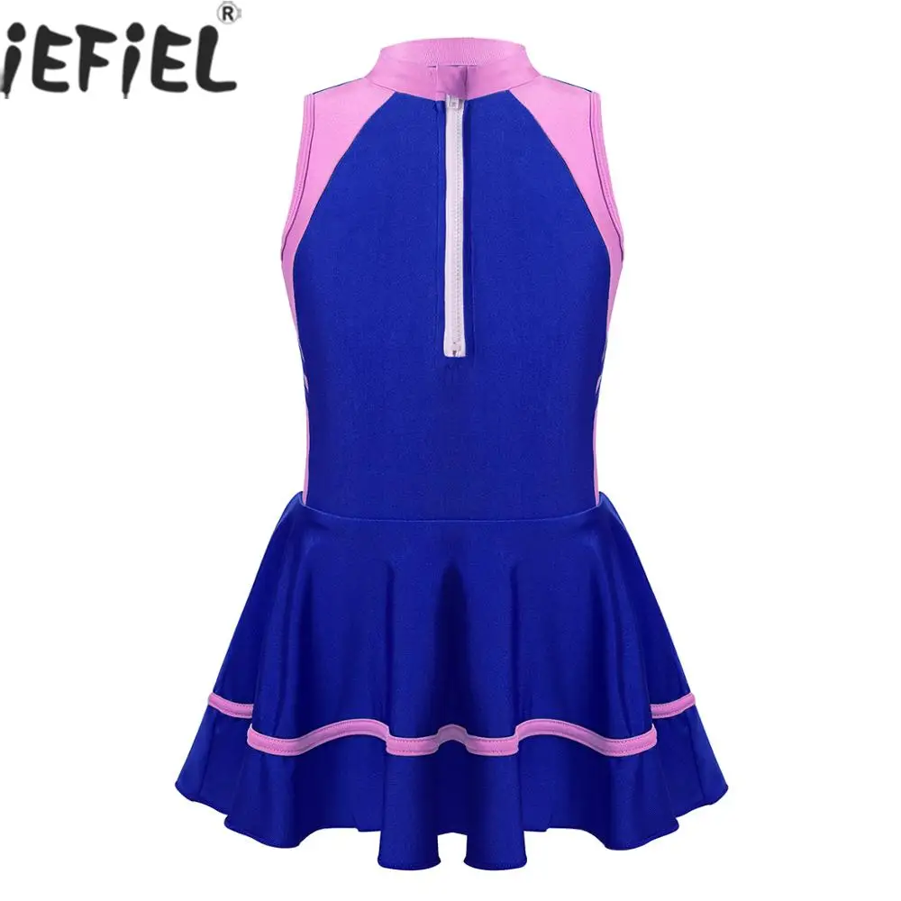 

Детское Спортивное платье без рукавов на молнии спереди для девочек, купальник для гимнастики, купальный костюм, купальный костюм