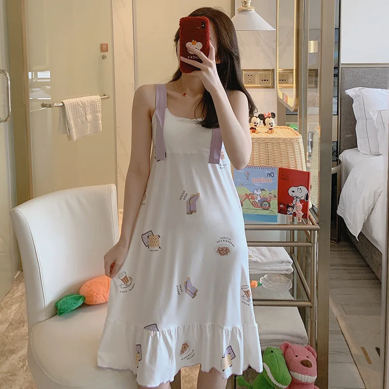 Summer New Vest Nightdress Women's Cartoon Sexy Nightgown Female Thin Korean Princess Sweet Nightwear Home Clothes Sleeopwear