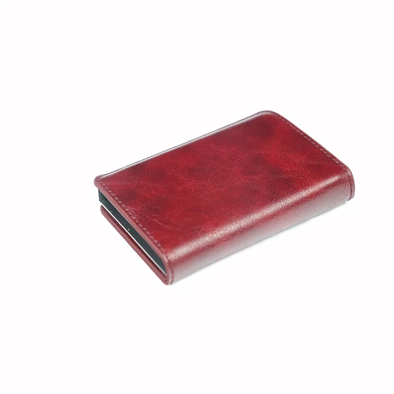 RFID Blocking Credit Card Holder Genuine Leather Men ID Card holder Mini Wallet Vintage Metal Automatic Anti-theft Card Wallet