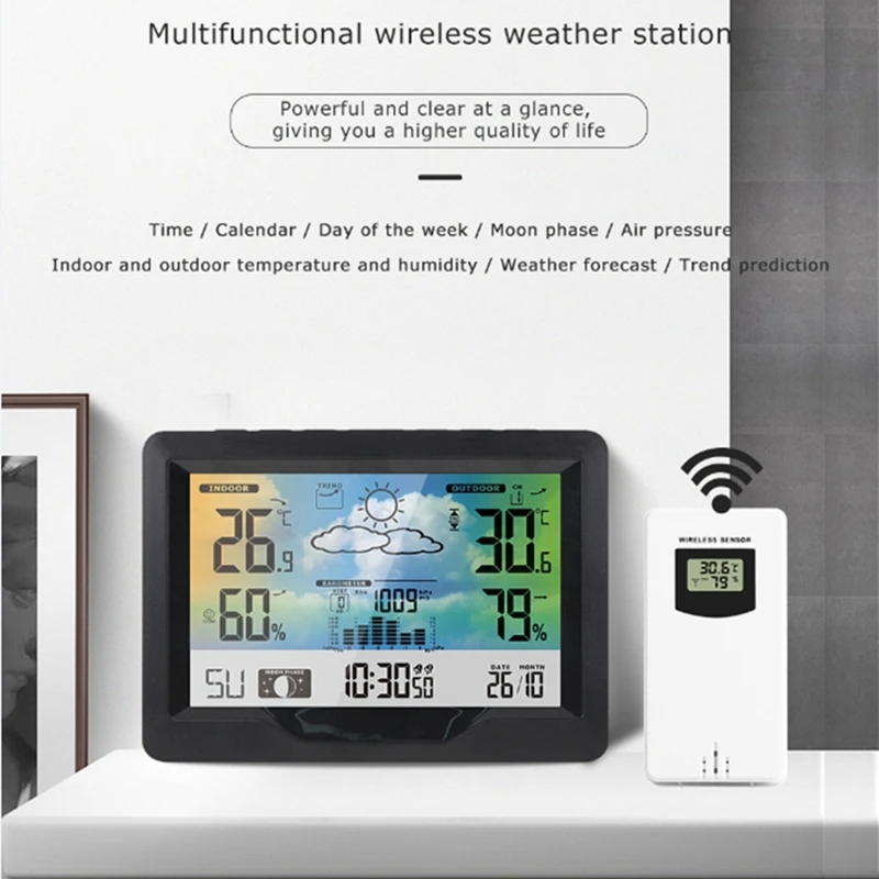 Wireless LCD Digital Weather Station Indoor Outdoor Thermometer Hygrometer Wall Barometer MoonPhase Forecast Alarm Watch | Измерительные