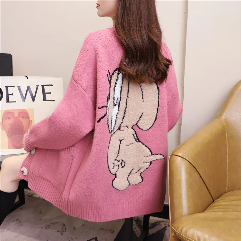 

Fashion Tide Cartoon Jacquard Knitted Cardigans Female Kpop Ins Loose Single-Breasted Thick Sweater Jacket Mujer Casual Knit Top