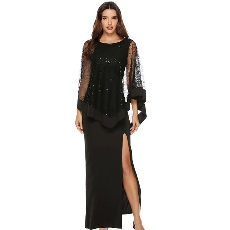 Женское сексуальное длинное платье с вырезом тонкое Сетчатое блестками и