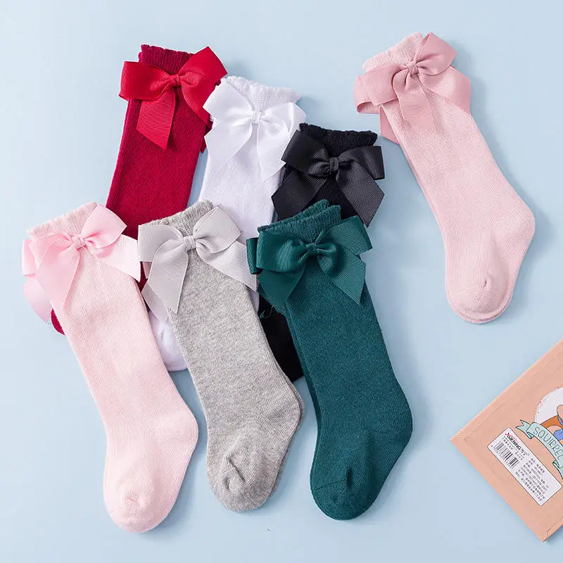 Balleenshiny-Calcetines de algod&oacute;n para beb&eacute;, medias hasta la rodilla, con lazos, para primavera e invierno-1