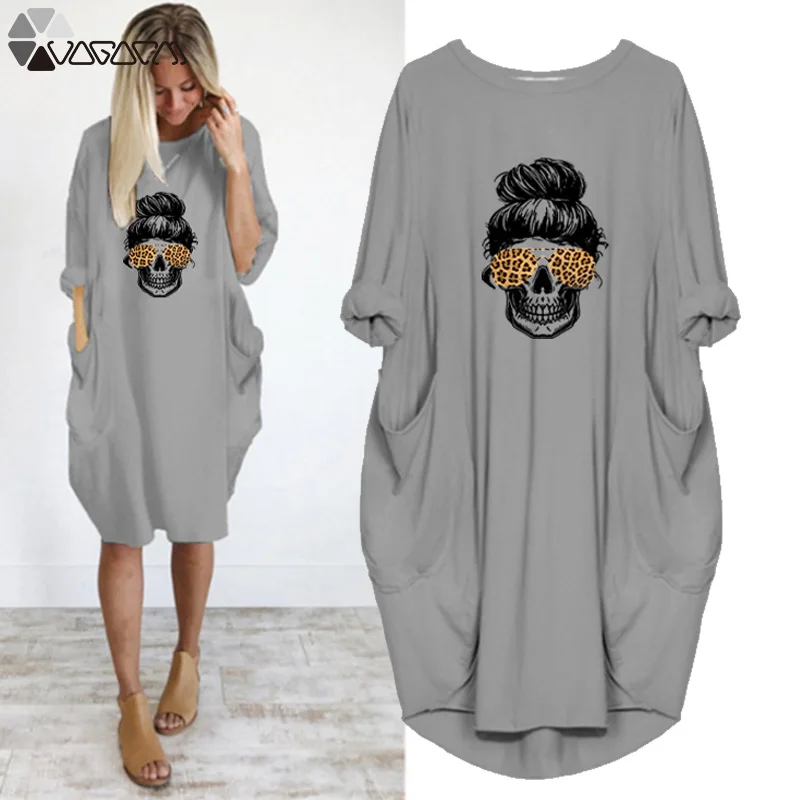 

Plus Size Women Loose Dress Halloween Skull Print Autumn Long Sleeve O Neck Party Club Midi Dresses Robes Pregnant Streetwear