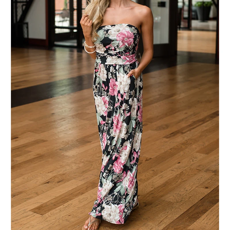 Women Maxi Boho Summer Dress Sexy Strapless Sundress Floral Beach Dresses Femme Robe Sleeveless Party New Color Mujer GV725| |