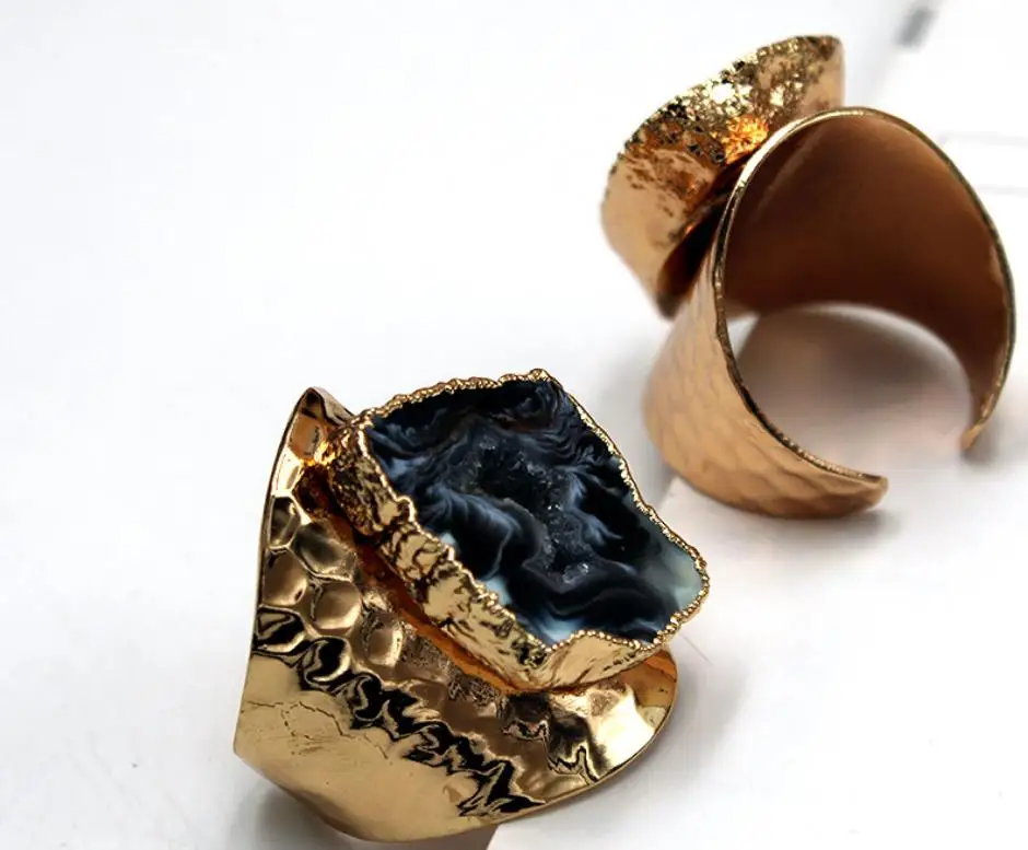 Большая Золотая оправа винтажные синие и фиолетовые жеодовые кристаллы цветок