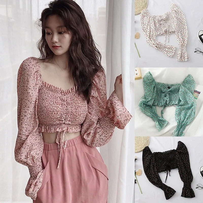 

2020 Woman Summer Chiffon Shirt Fashion Square Collar Sexy Sweet Pleated Small Floral Print Short Blouse