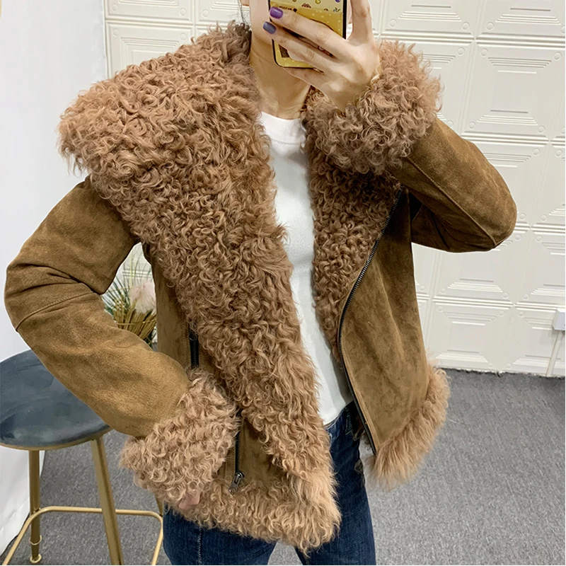 Женская замшевая шуба из натуральной кожи rf1923B зимняя овечьей шерсти | одежда