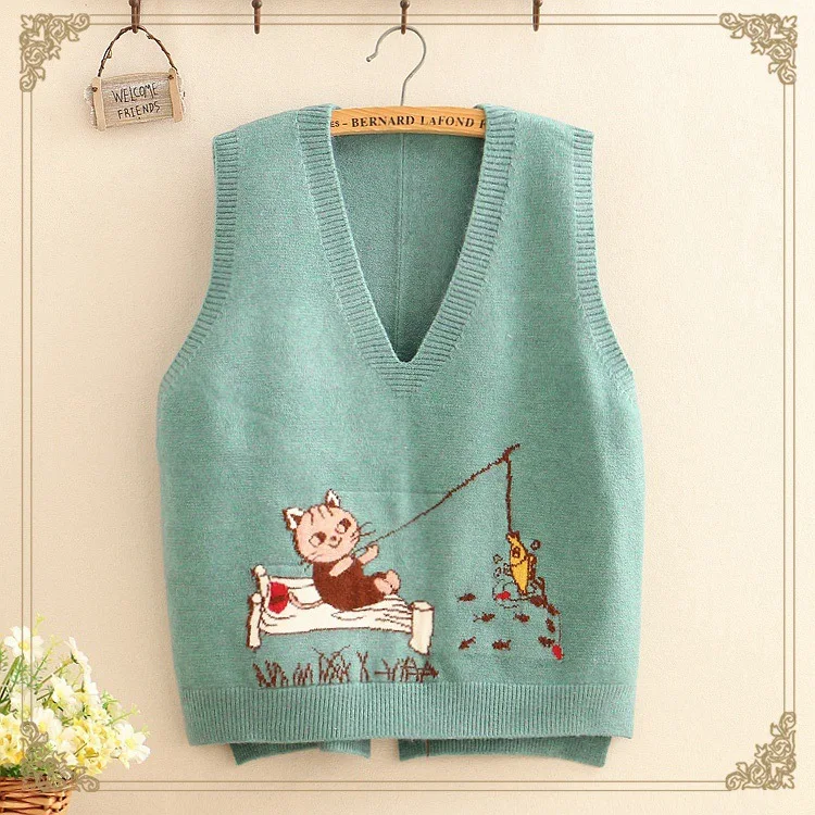 Повседневный милый жилет с мультяшным котом и рыбкой 5 цветов v образным вырезом