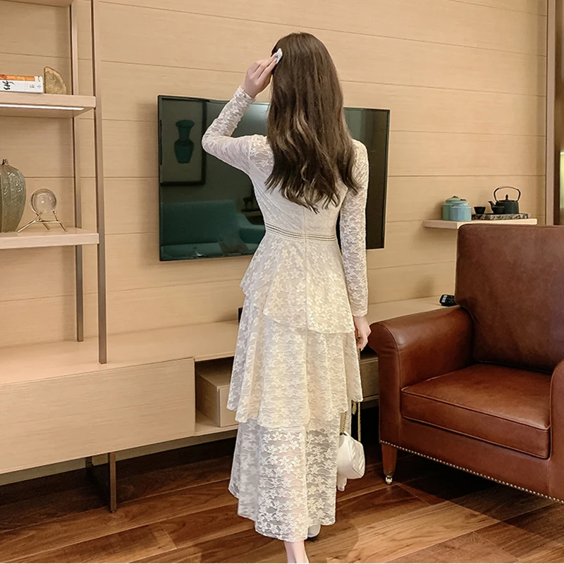 

Spring Autumn Women's Dress Korean Style V-neck Pure Color Lace Dress New Long Sleeve Slimming Female Dresses LL920