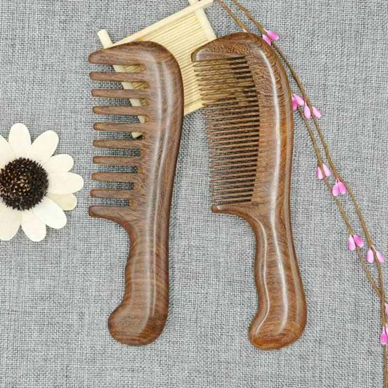 

2Pcs Sandalwood Wide Tooth Comb Curly Hair Portable Coarse Tooth Wooden Comb Hair Massage Tool, Fine & Coarse