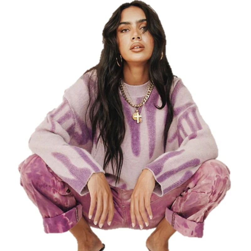 

O Neck Print Loose Sweater Women Long Sleeve Oversized Autumn Winter 2021 Y2K Pullover Casual Fashion Jumper Tops