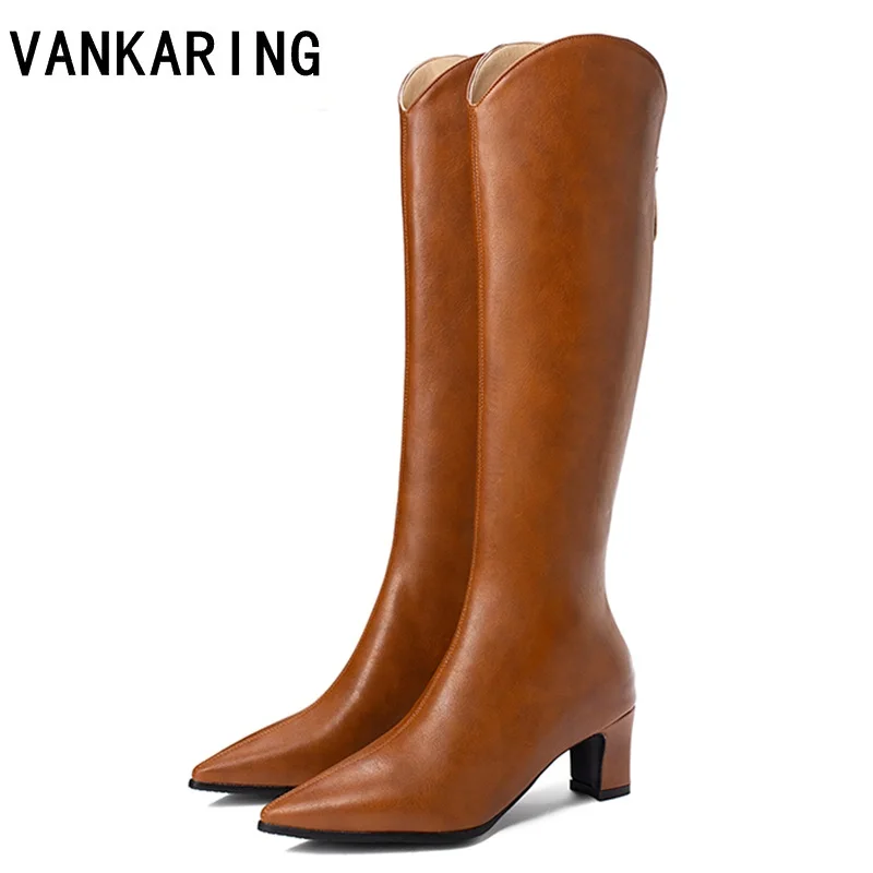 Женские сапоги до колена с острым носком на молнии высоком каблуке большой