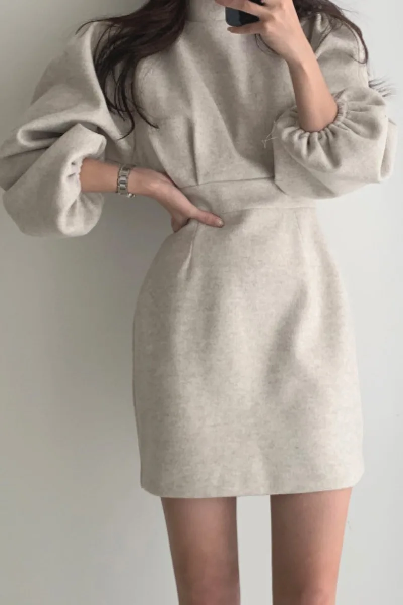 

SuperAen 2021 Spring Autumn Solid Retro O Neck Hollow Out Back Slim Puff Sleeve Sweater Dresses Women