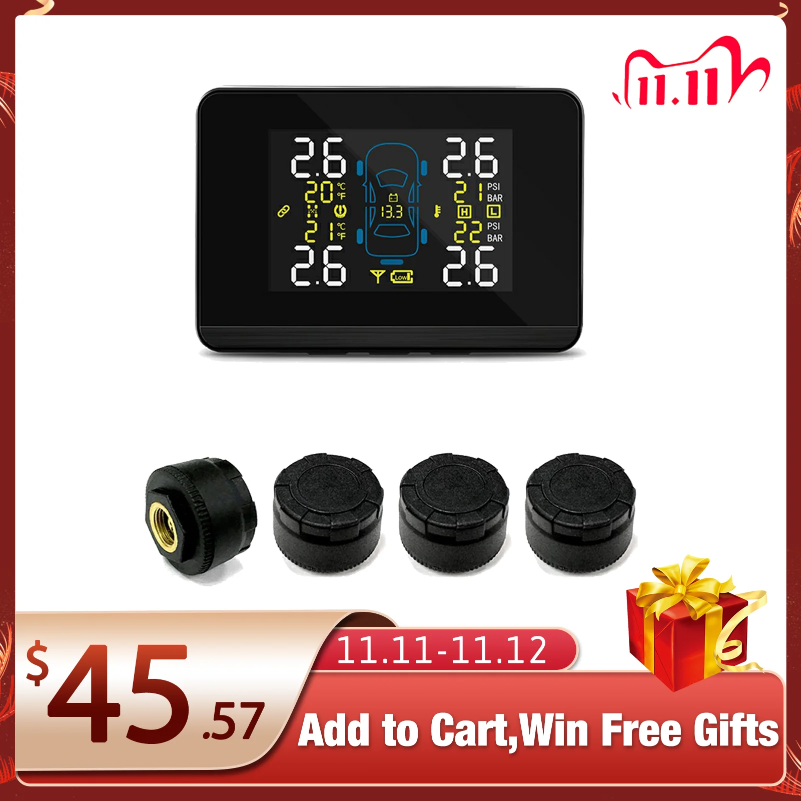 Беспроводная система контроля давления в шинах CAREUD DC8V DC16V Universal Car TPMS + 4 внешних