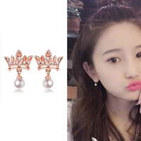 925 sterling silver ear needle simulated pearl pendant stud earring women crown flower crystal wedding fashion jewelry earring