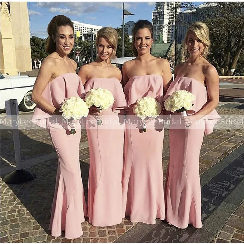 

Strapless Pink Mermaid Bridesmaid Dresses With Ruffles Neckline Simple Long Vestito Da Festa Di Nozze Maid Of Honor robe mariage