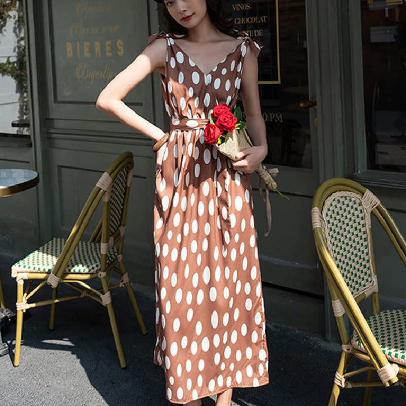 

Summer 2021 Runway Elegant Sundress Backless Fairy Chic Casual Beach Vacation Party Vestidos New Women Long Polka Dot Slip Dress