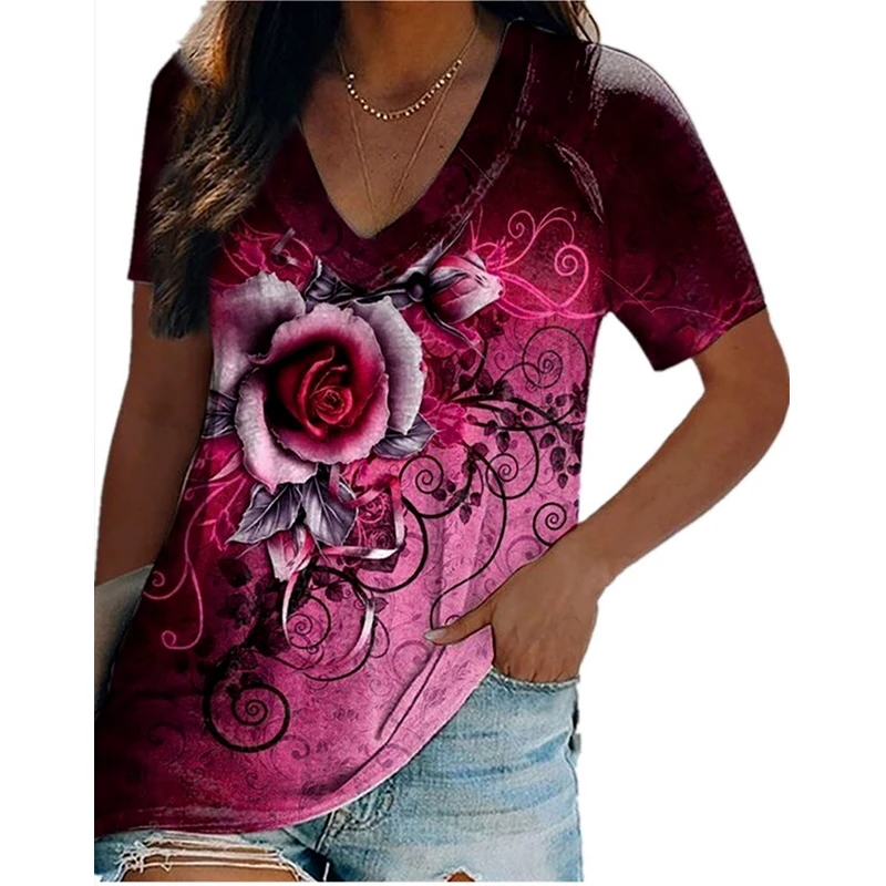 

Summer Printed Slim Loose-fitting Round Neck Short-sleeved Women's Tops Fashion Casual V-neck T-shirt Summer Plus Size