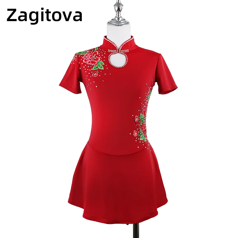 

Wine Red Figure Skating Dress Cheongsam Ice Skating Clothes Rose Petals Chinese Style Skirt Rhinestone For Girl Women