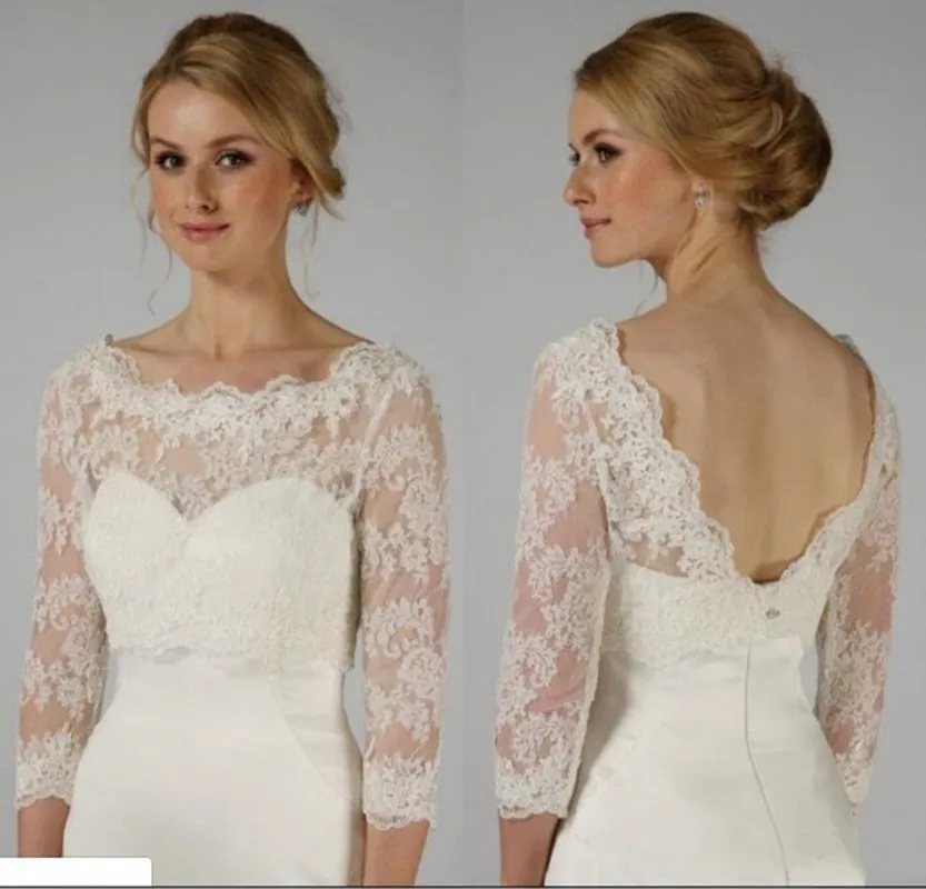 

New Wedding Lace Applique Bolero Jacket Jewel 3/4 Long Sleeve White Ivory Simple Shawl Custom Wraps Jackets