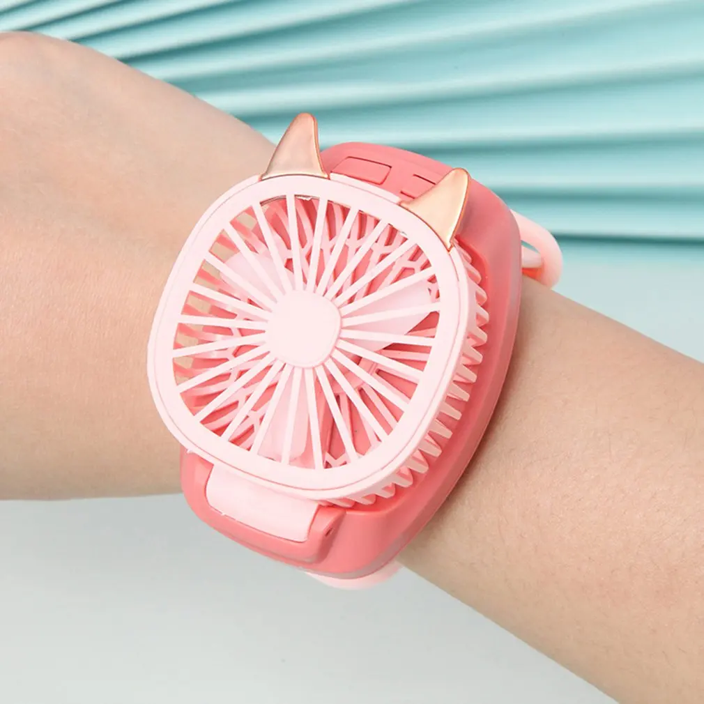 

360° Rotation Outdoor USB Rechargeable Small Fan For Kids Wrist Strap Mini Hand Held Fan Cat Design Colorful LED Lights