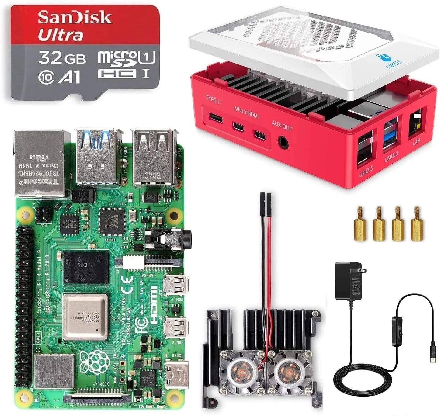 Raspberry Pi 4 8GB RAM Starter Kit 8GB RAM + 32GB Card + Case + Cooling Fan + 4K HD Video Cable + Power Supply for Raspberry Pi uk rs raspberry pi 3 kit russian spanish english mini keyboard 16g sd card 2 5a power supply case heat sink hdmi cable