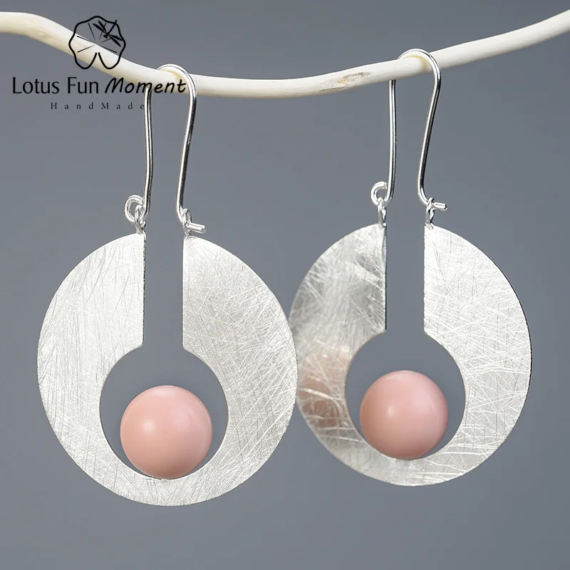 Silver pink Lotus весело момент Настоящее серебро 925 проба Натуральный ручной работы дизайнер ювелирных украшений яркий круглый серьги-висюльки с Луной для Для женщин - Окраска металла: Silver pink