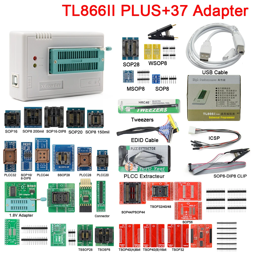 Оригинальный программатор TL866II Plus Universal Minipro Bios + 37 элементов с адаптерами NAND TL866 PIC