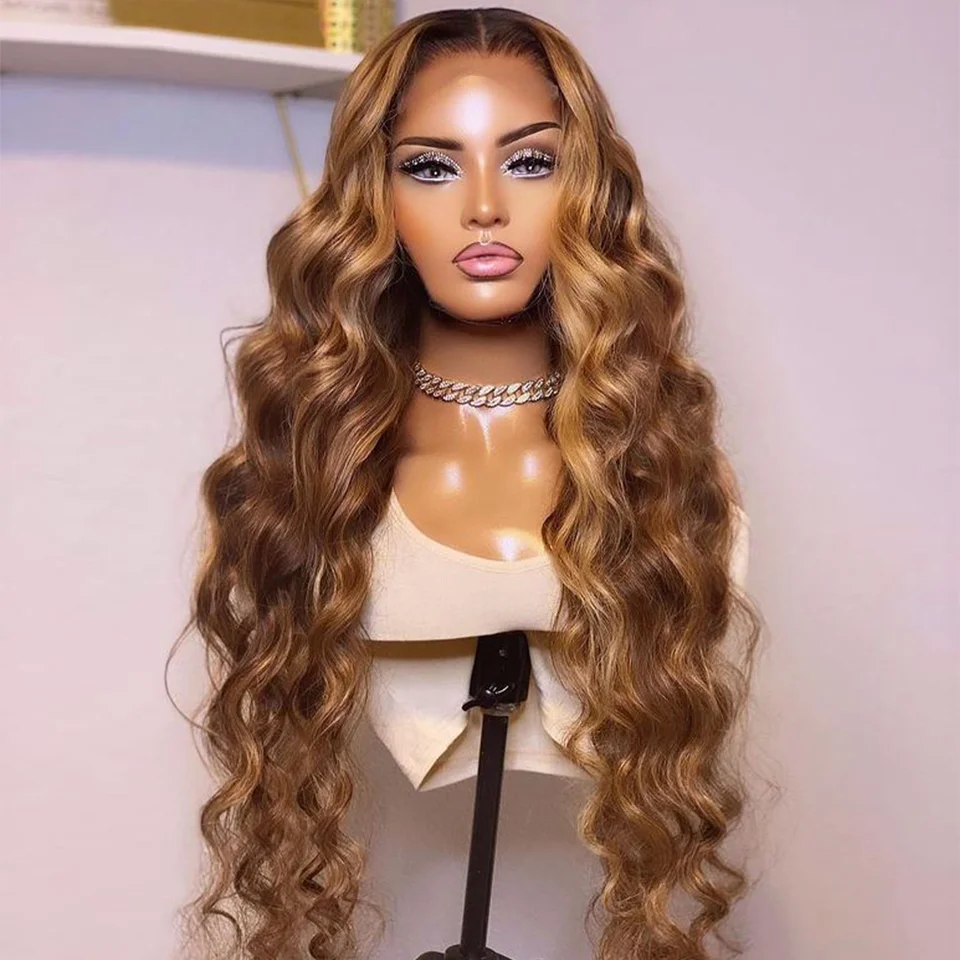 Highlight Wig Human Hair Brown Colored Body Wave Lace Front Wig Lace Closure Wig Ombre 4/27 Pre Plucked T Part Human Hair Wig