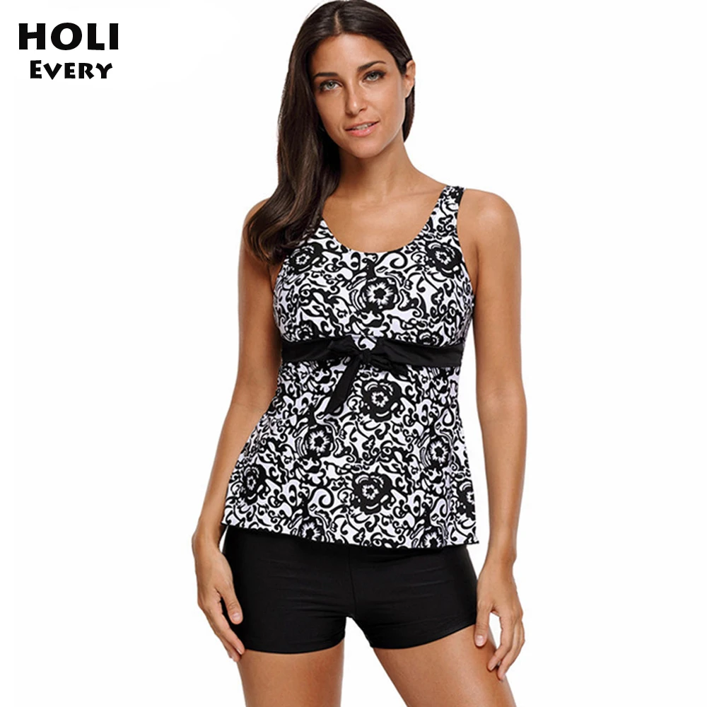 Большой женский раздельный купальник танкини с шортами черный купальный костюм