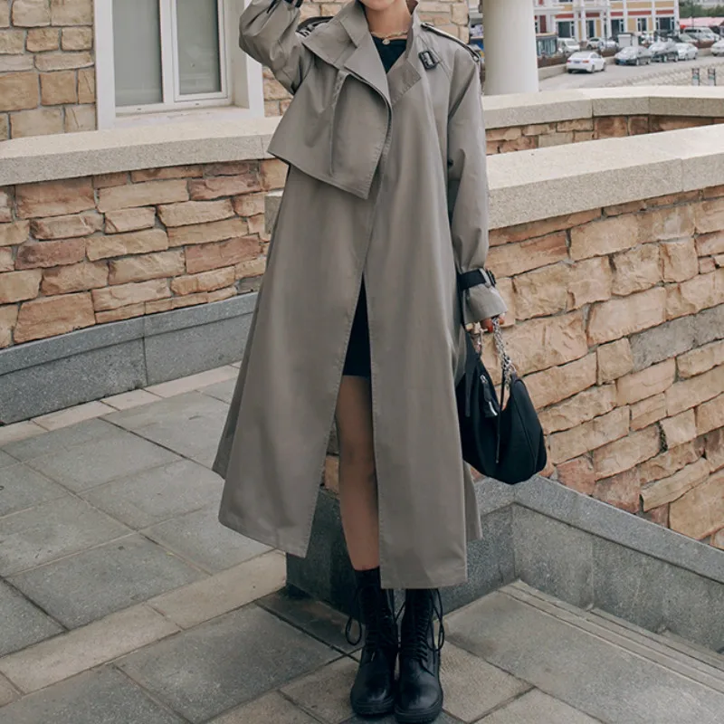 

2021 Spring Autumn Women Windbreaker British High-End Solid Long Sleeve Female Fashion Loose Casual Over Knee Long Trench Coat