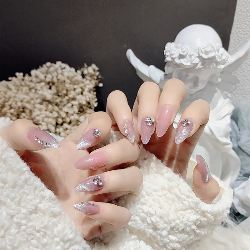 

24PCS Glitter Fake Nails Long Pointed Head Rhinestone Decor Full Cover Fake Nail Wearable Finished Nail Piece with Glue SEC88