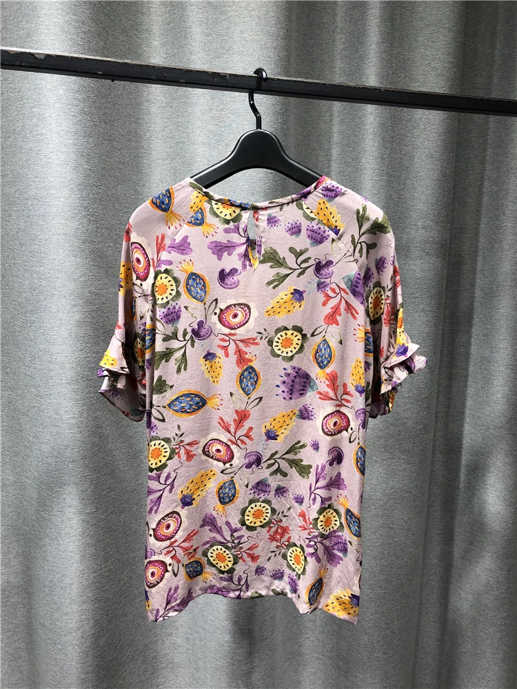 

Woman Tshirts 2021 New Summer Products Fashion Pure Silk Round Neck Short Sleeve Ruffle Decorative Pullover Flower Pattern