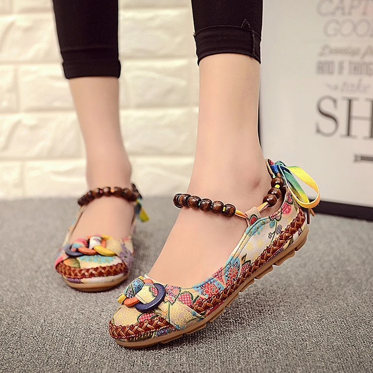 

2021Plus size42 Casual Flat Shoes Women Flats Handmade Beaded Ankle Straps Loafers Zapatos Mujer Retro Ethnic Embroidered Shoes