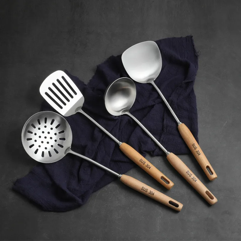 

304 Stainless Steel Cooking Spatula Shovel Spoon Anti-scalding Beech Handle Kitchen Noodle Fisher