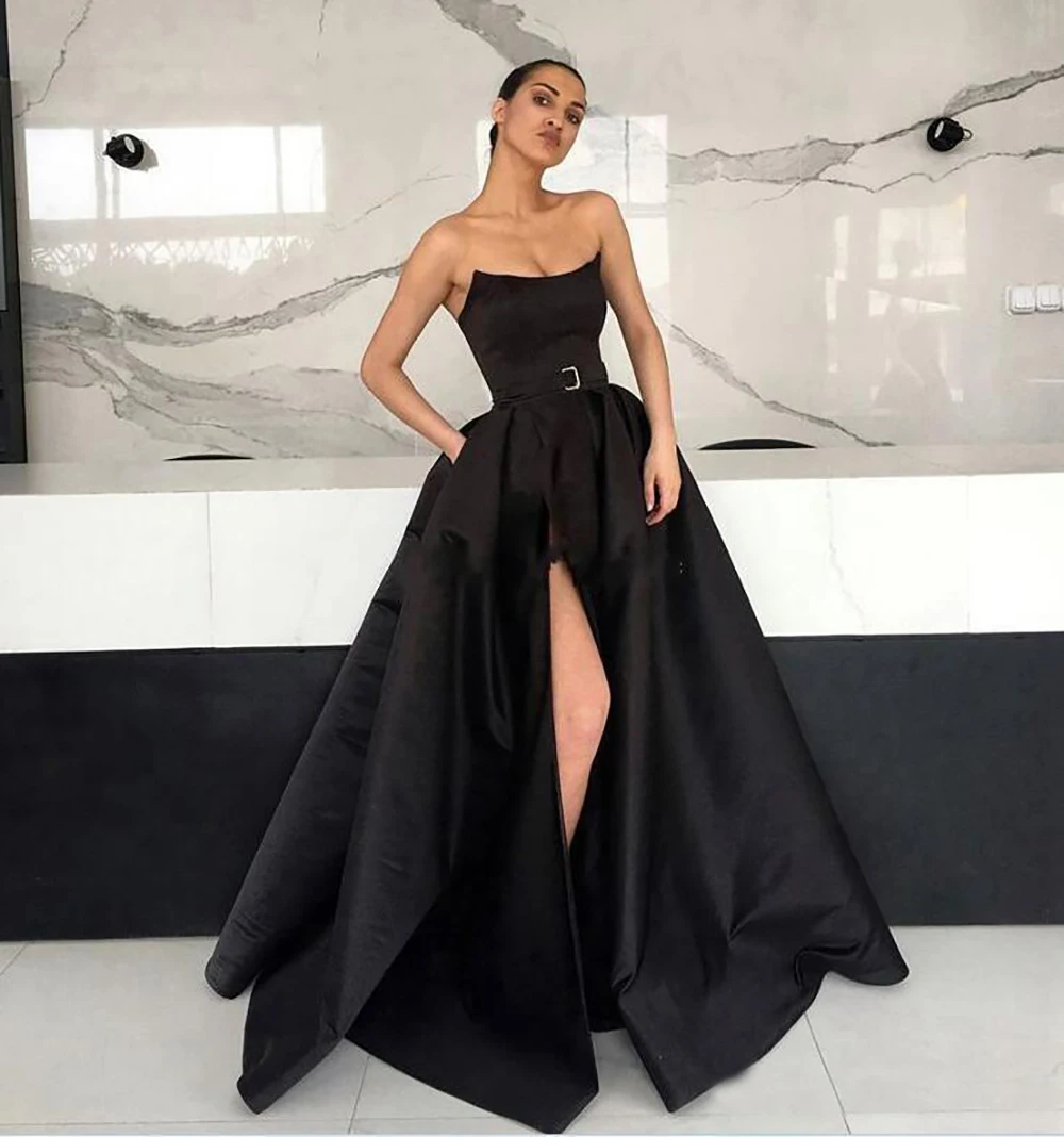 

Scoop Sleeveless Evening Dress Floor-Length Satin A Line Formal Dresses Thigh-High Slits Prom Party Gown