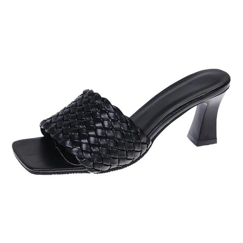 

Slippers Summer 2021 New Women's Shoes Fashion Wind Knitting Cool Slippers Female Middle Heel Fish Mouth Light Sandals Pumps