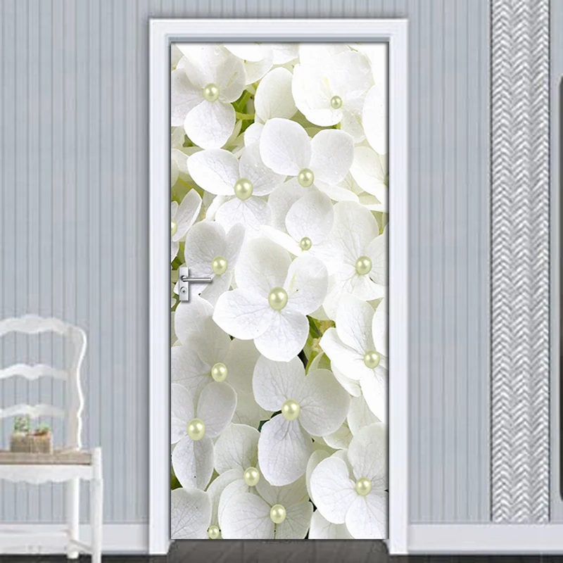2Pcs/set PVC Self-adhesive 3D Removable Door Sticker White Flower Pearl Wallpaper Living Room Door Decor 3D Decal Wall Sticker