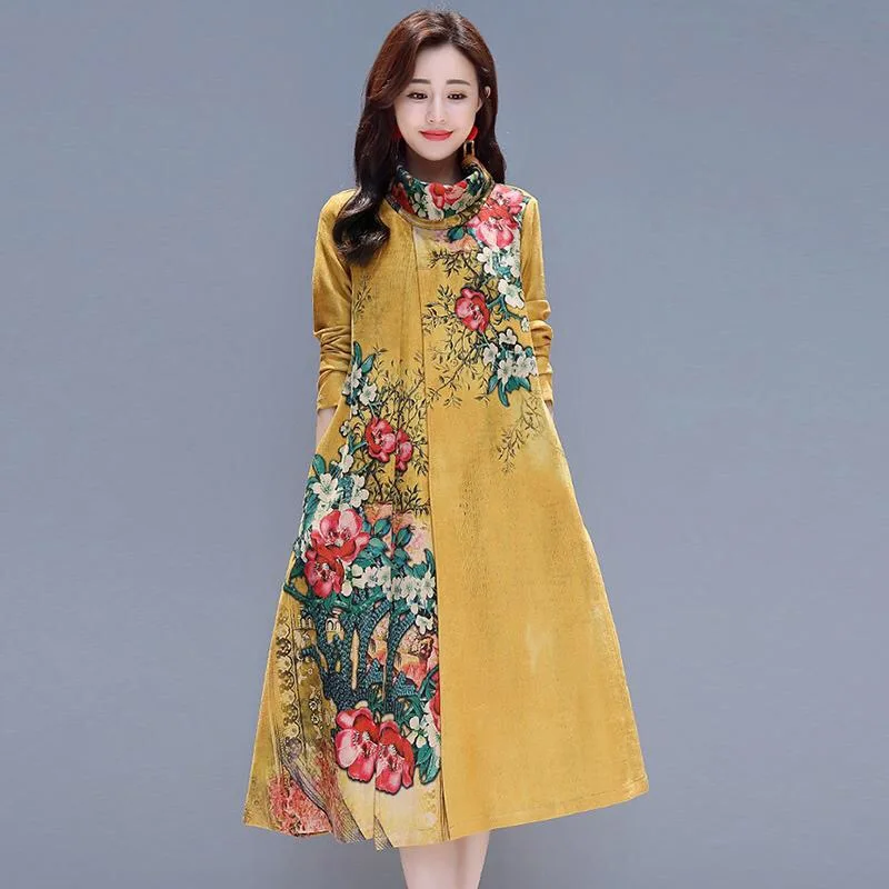 Женское свободное платье с цветочным принтом повседневное винтажное желтого