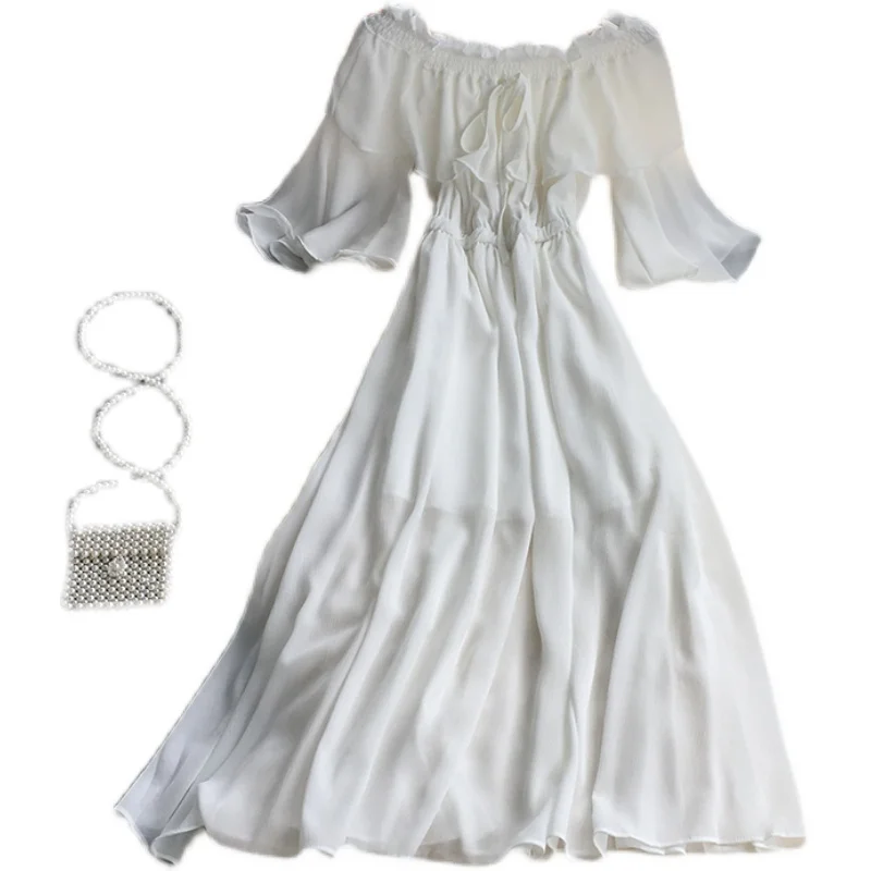 

2021 New Summer Korean slash neck flare sleeve Dress bow lace up high waist pleated solid color mid-long A-line Dress