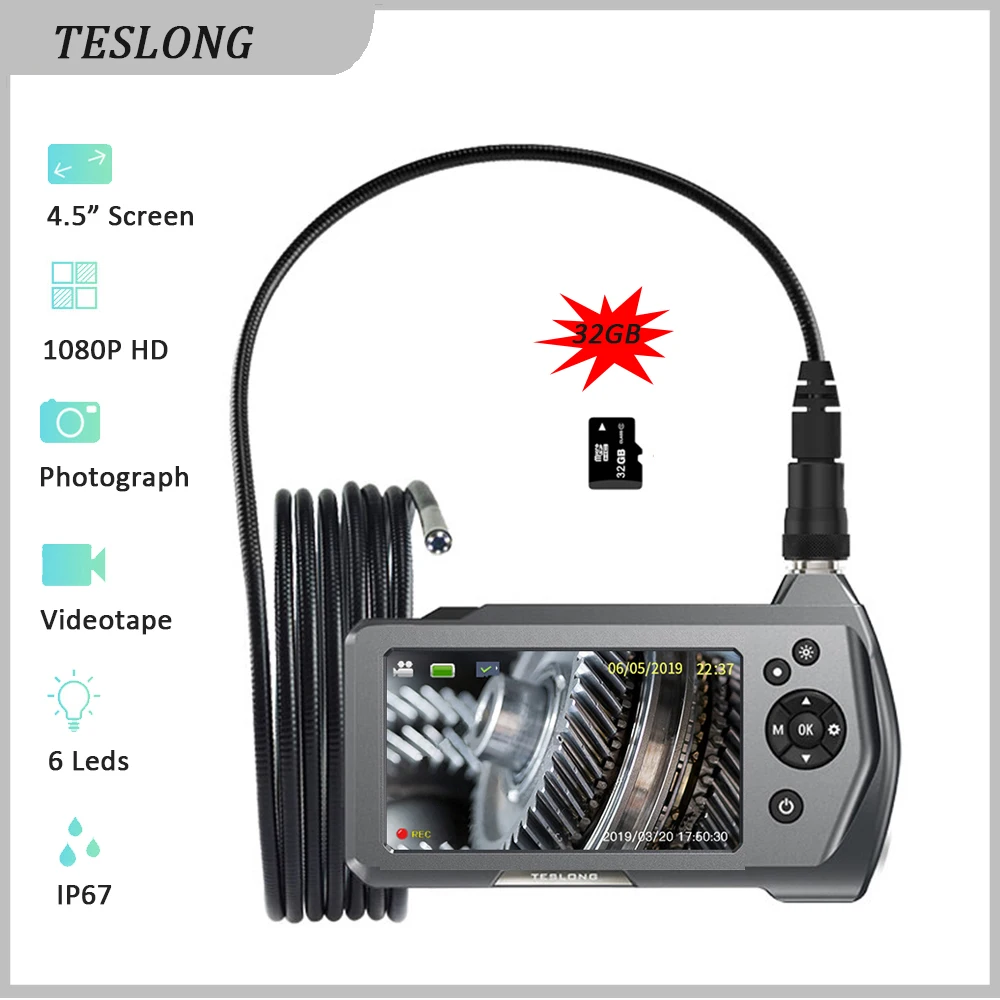 Teslong Nts450a Endoscópio do Carro Câmera 1.0mp hd 4.5 Screen Screen Tela Ip67 Tubo de Drenagem Esgoto Inspeção Câmera 5m Cobra Tubo Led Borescope Boroscópios