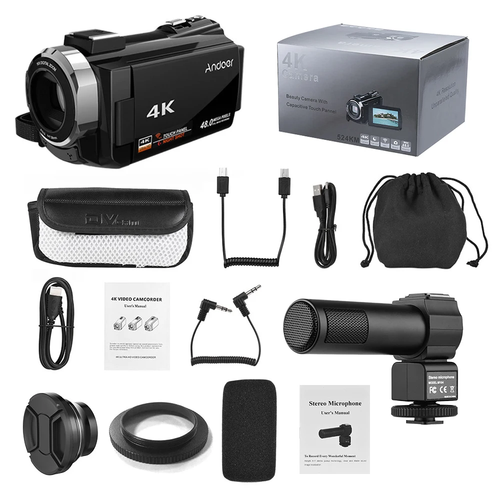 Andoer 4K 1080P 48MP WiFi цифровая видеокамера регистратор с 0.39X широкоугольным
